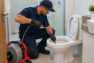 Especialista desentupindo vaso sanitário com ferramentas adequadas.