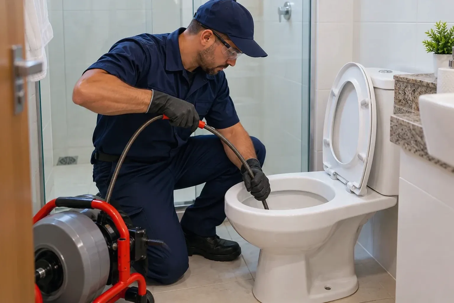 Especialista desentupindo vaso sanitário com ferramentas adequadas.