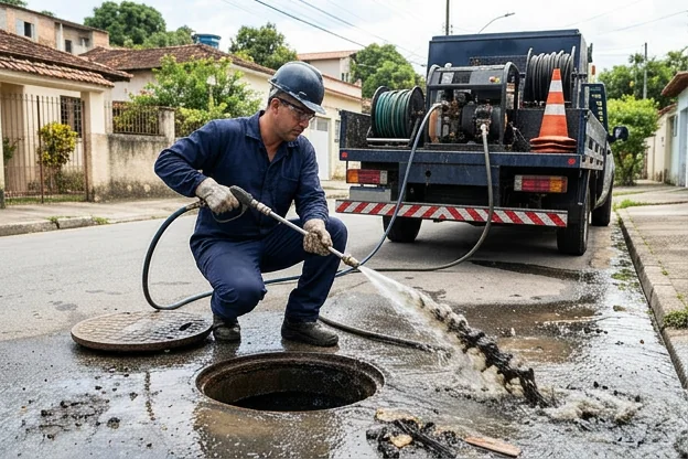 Hidrojateamento em ação, mostrando resultado eficiente.