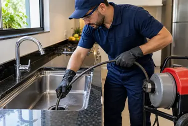 Profissional desentupindo pia com ferramentas adequadas.