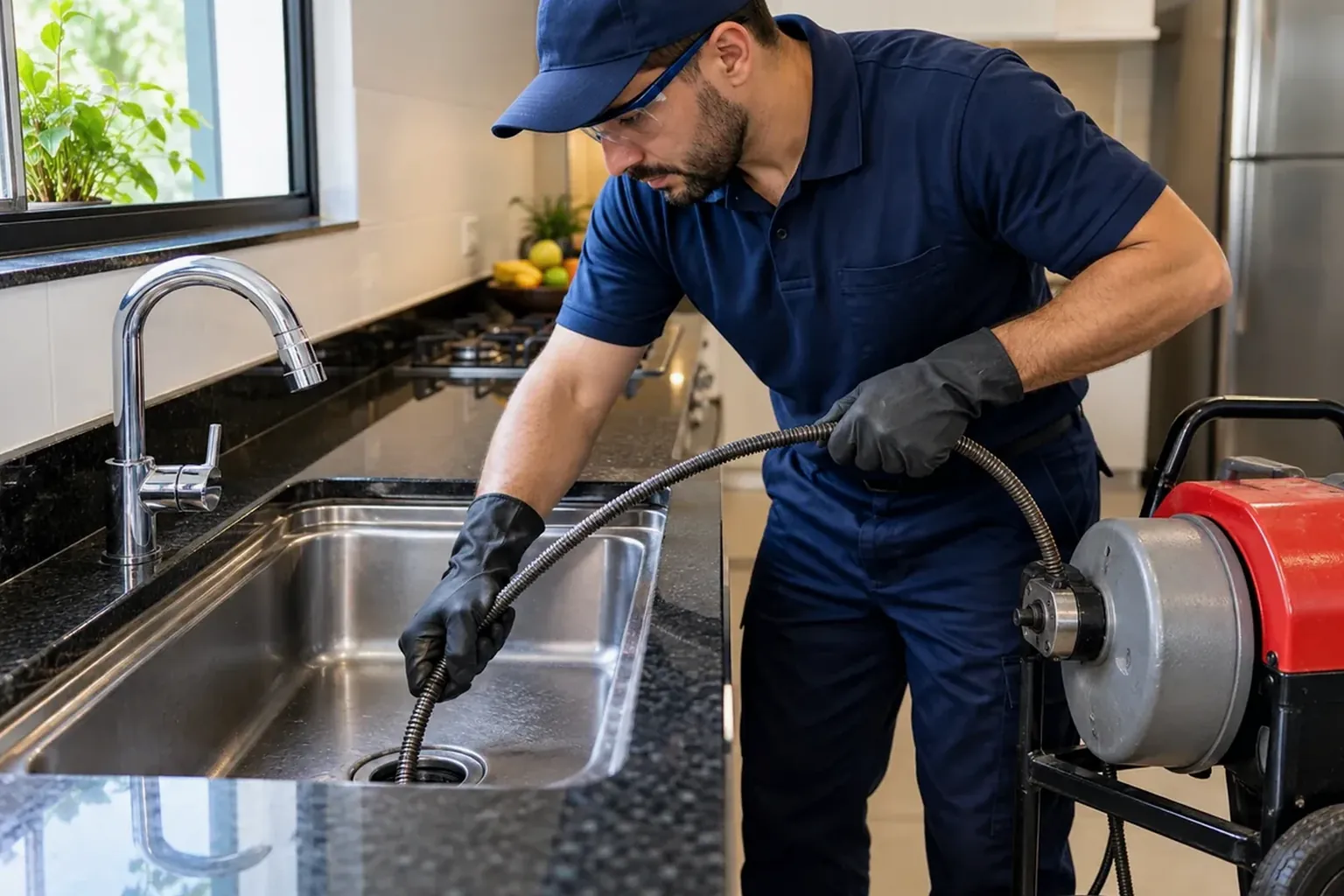 Profissional desentupindo pia com ferramentas adequadas.