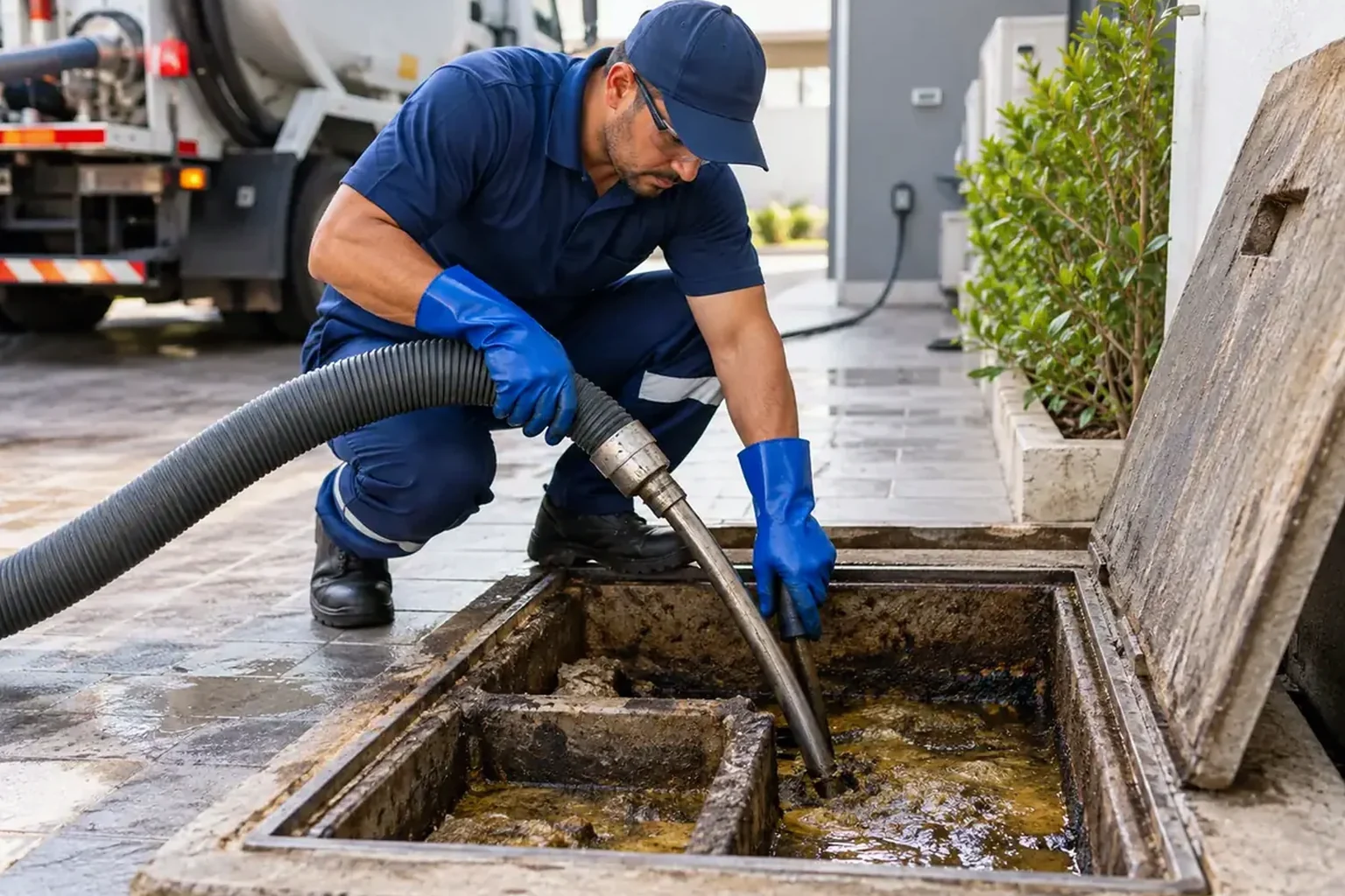 Profissional limpando fossa séptica com equipamentos adequados.