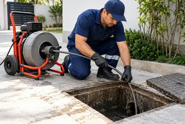 Técnico desentupindo esgoto com ferramentas de pressão.
