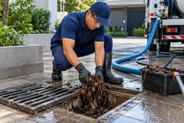 Técnico limpando caixa de gordura com atenção ao detalhe.