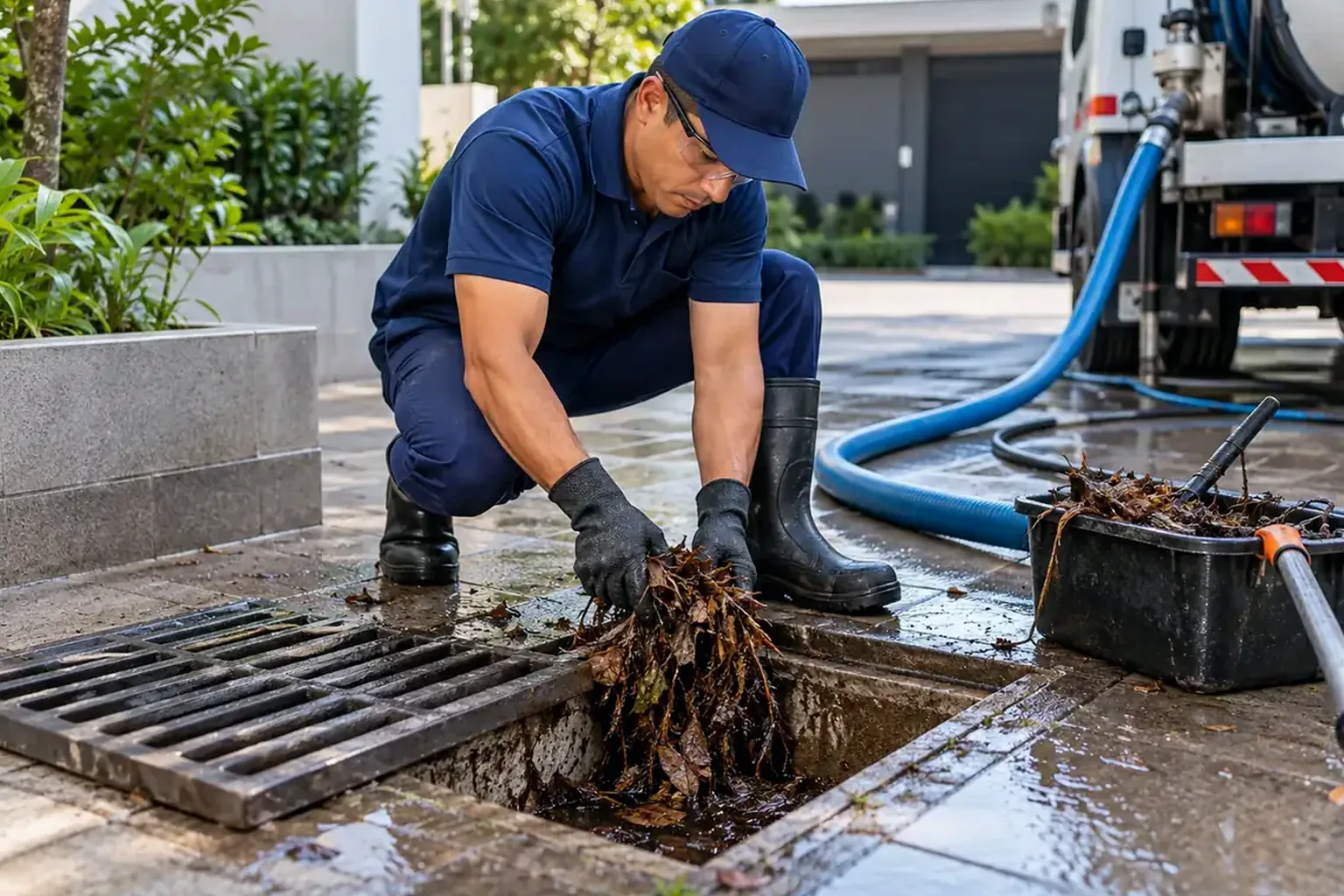Técnico limpando caixa de gordura com atenção ao detalhe.