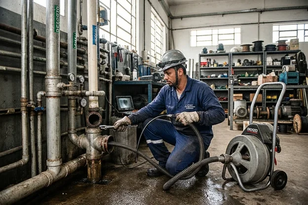 Técnico realizando manutenção preventiva em tubulações.